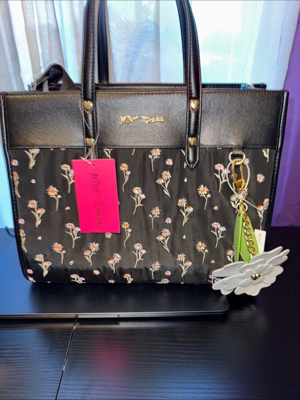 Betsey Johnson Black Floral Tote with Daisy Charm and Pink Tag